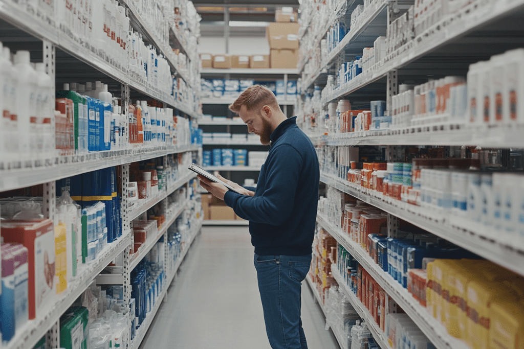 A pet store owner stands in an aisle filled with shelves of cleaning products, carefully reviewing inventory with a clipboard in hand. The organized shelves display a variety of bottles and packaging, emphasizing the process of selecting wholesale cleaning supplies for pet care needs.