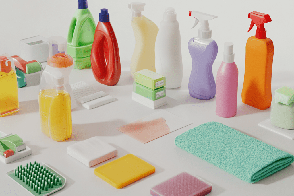A variety of household cleaning products and supplies arranged on a table, including colorful spray bottles, detergent containers, sponges, scrubbing brushes, and microfiber cloths.