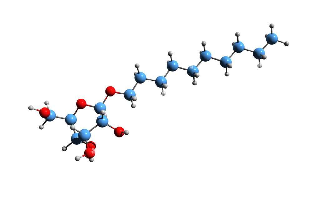 3D molecular model of a nonionic surfactant, showing a hydrophilic head group with oxygen atoms and a hydrophobic tail composed of a long carbon chain.