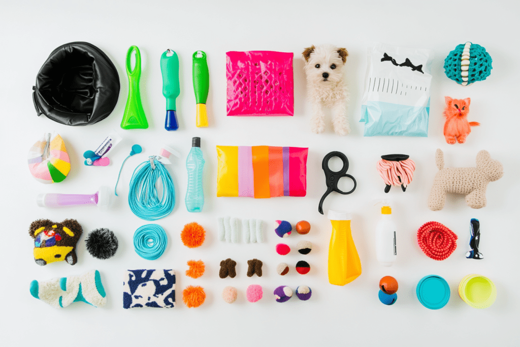 A neatly arranged collection of pet supplies on a white background, including toys, grooming tools, bowls, leashes, treats, and a plush dog and cat figure, showcasing vibrant colors and variety.