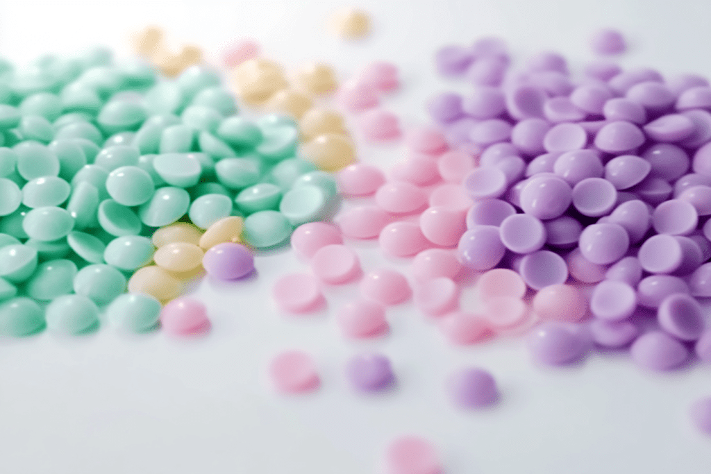 Close-up of multicolored laundry scent booster beads in pastel shades of green, pink, purple, and yellow, showcasing their smooth texture and vibrant appearance for enhancing clothes with long-lasting fragrance.