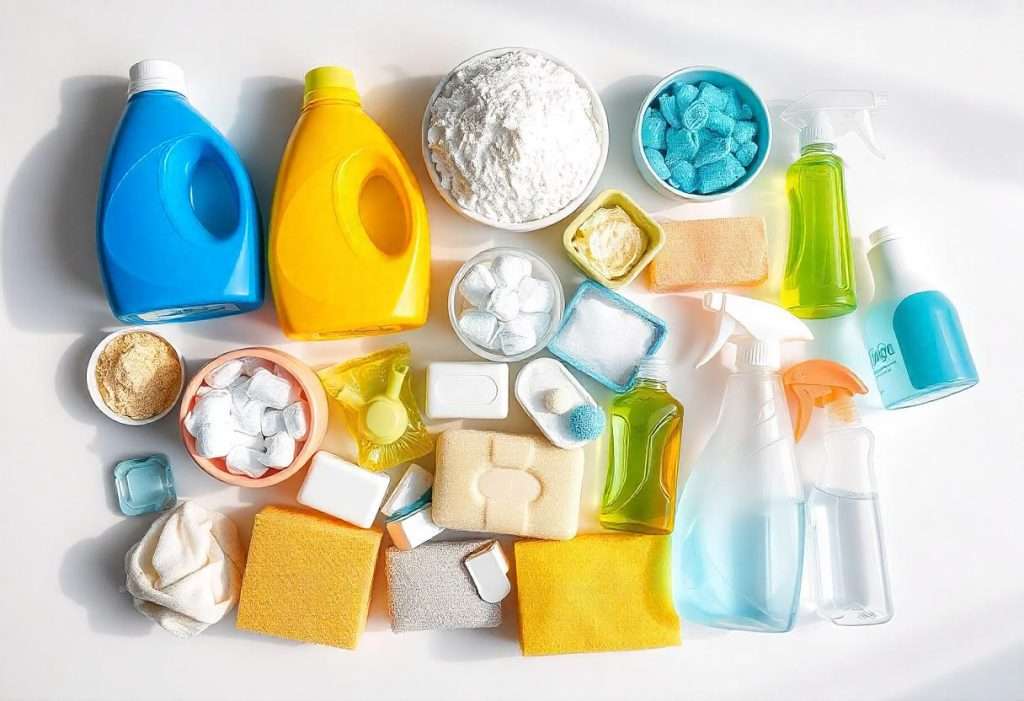 A flat lay arrangement of cleaning products, including blue and yellow detergent bottles, bowls of powdered detergent, dishwasher tablets, sponges, spray bottles, soap bars, and cleaning cloths, all neatly displayed on a white background.