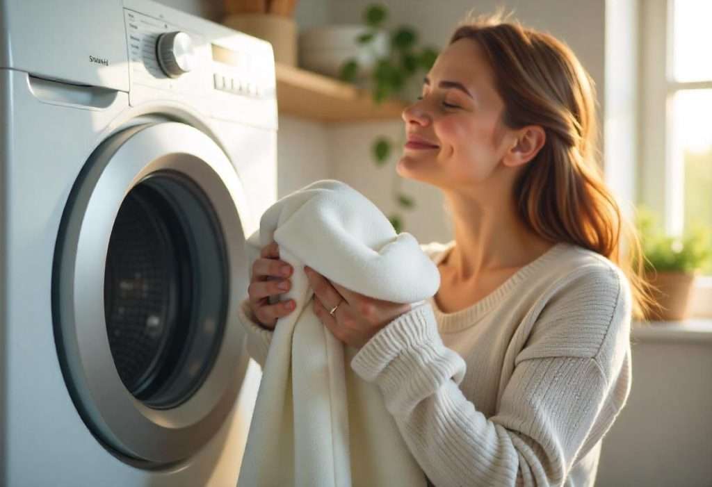 A woman happily smelling a soft, freshly washed towel next to a modern washing machine, showcasing the calming and refreshing scent provided by cleaning products.