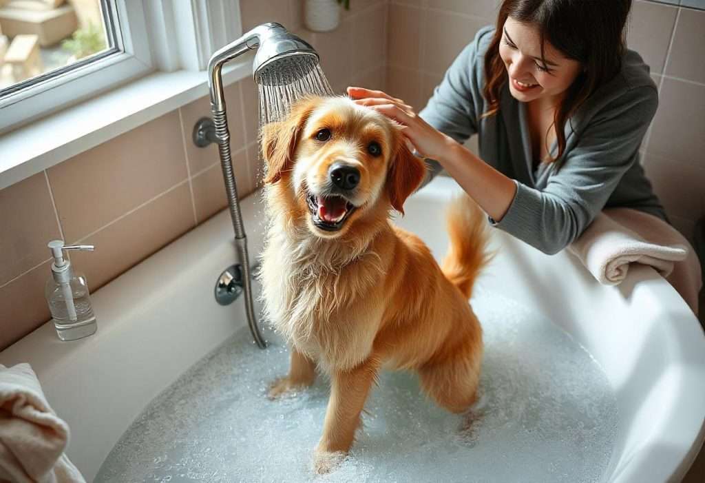 A cheerful dog standing in a bathtub, smiling happily as a person gently pours water over it, creating a joyful and heartwarming scene during bath time.