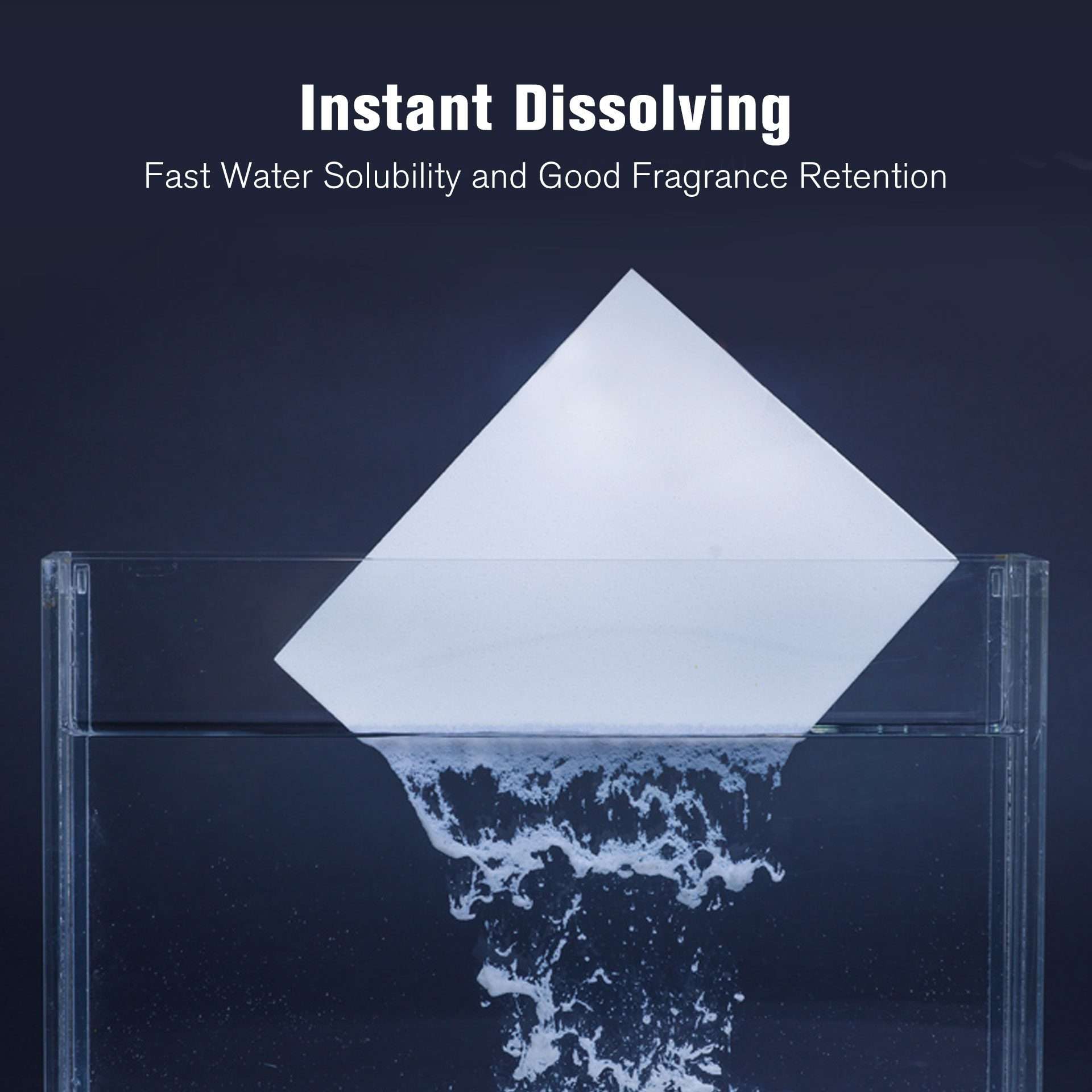 A close-up of a laundry sheet dissolving quickly in water inside a clear container, illustrating its fast water solubility and efficient performance.