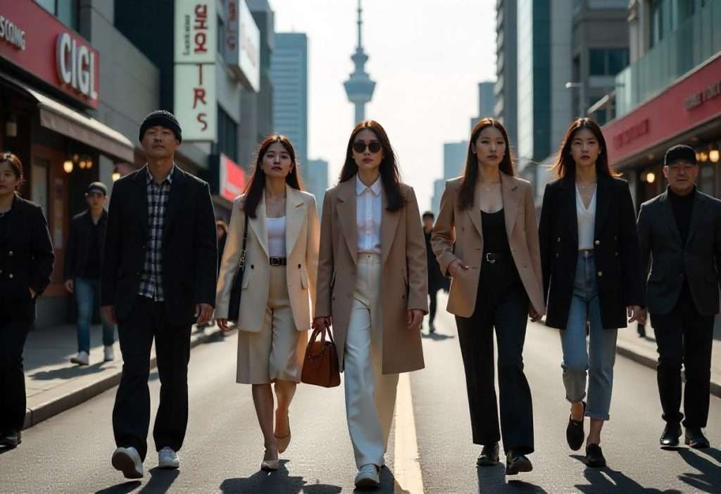 A group of stylish individuals walking confidently on a city street in South Korea, showcasing modern Korean fashion trends with tailored coats, blazers, and chic accessories, set against an urban backdrop.