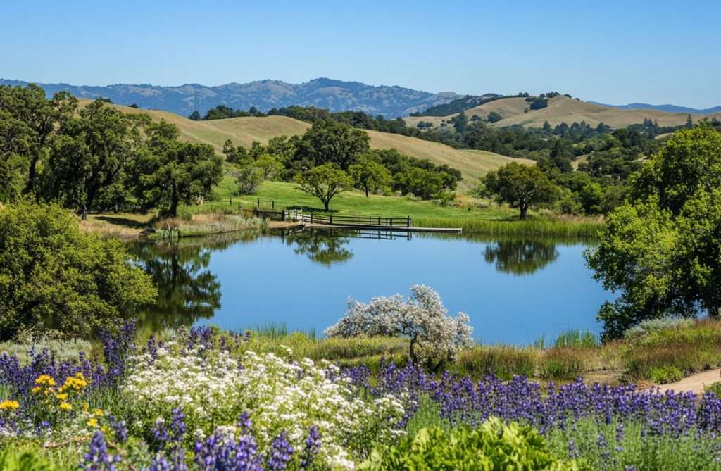 A picturesque spring landscape featuring a calm pond surrounded by lush green hills, vibrant wildflowers, and trees under a clear blue sky. A wooden dock extends over the water, framed by blooming purple, yellow, and white flowers in the foreground.