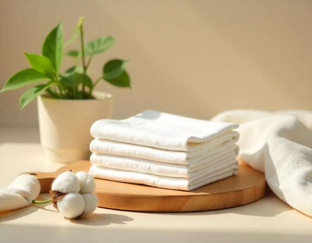 A stack of white cotton towels neatly folded on a wooden tray, accompanied by a cotton plant and a potted green plant, creating a natural and clean atmosphere in soft lighting