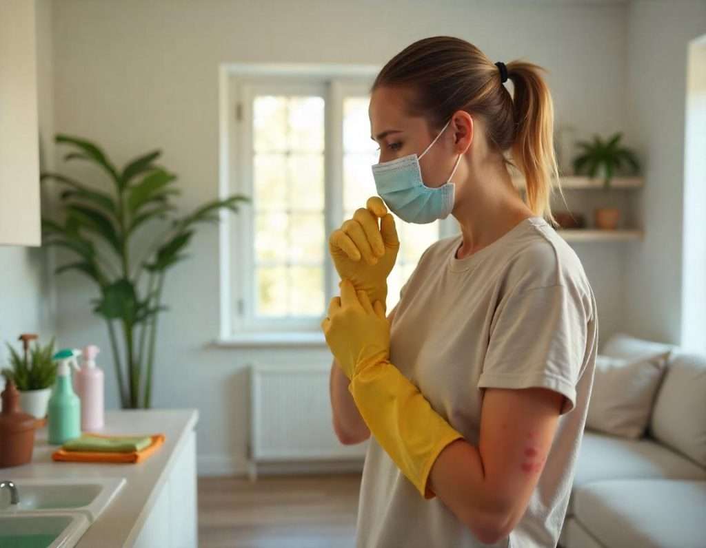 A woman wearing a face mask and yellow cleaning gloves stands in a bright kitchen, cleaning her arms with visible signs of skin allergies.
