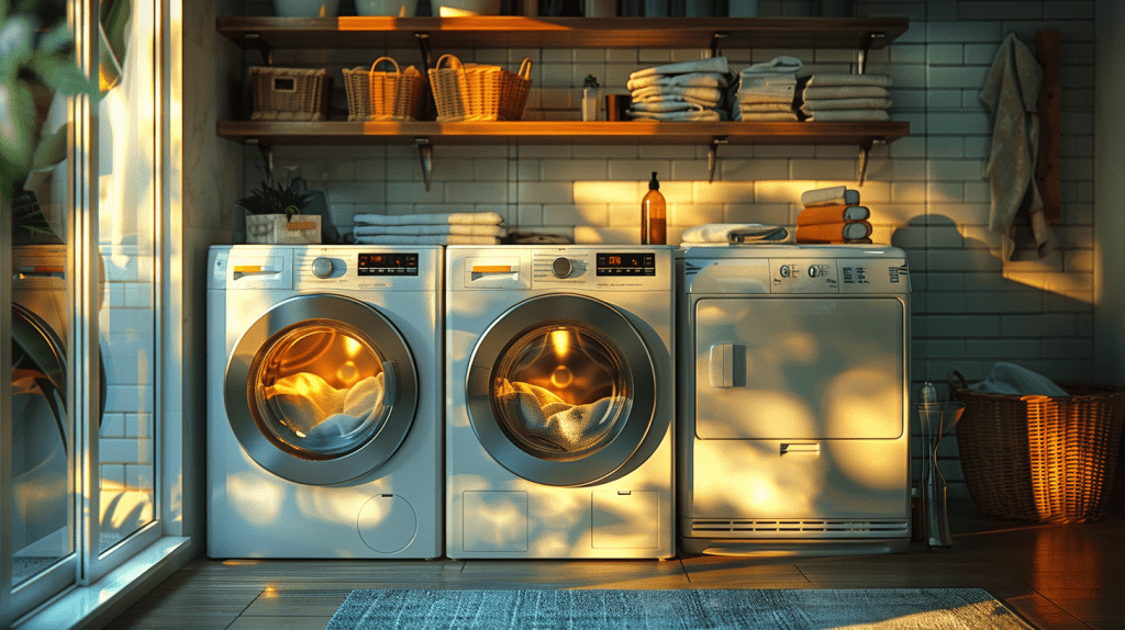 A warm, sunlit laundry room featuring a washer, dryer, and neatly folded towels on wooden shelves, with wicker baskets and natural decor creating an inviting and functional space.