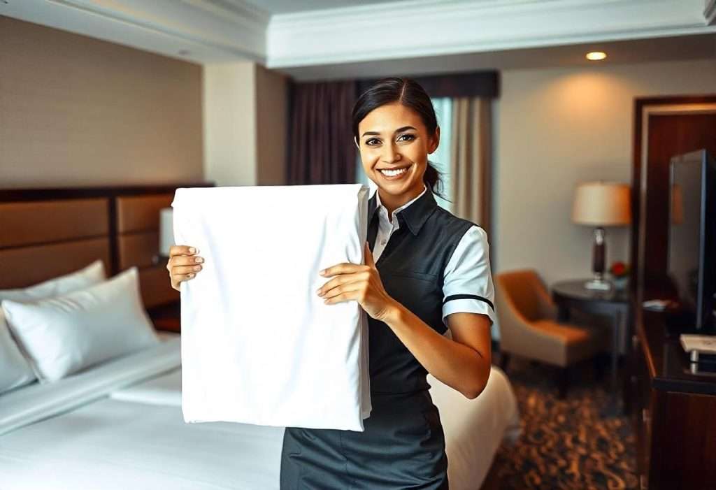 Smiling hotel staff holding a bright white fabric sample in a neatly arranged room, demonstrating enhanced brightness and stain removal achieved through effective laundry care.