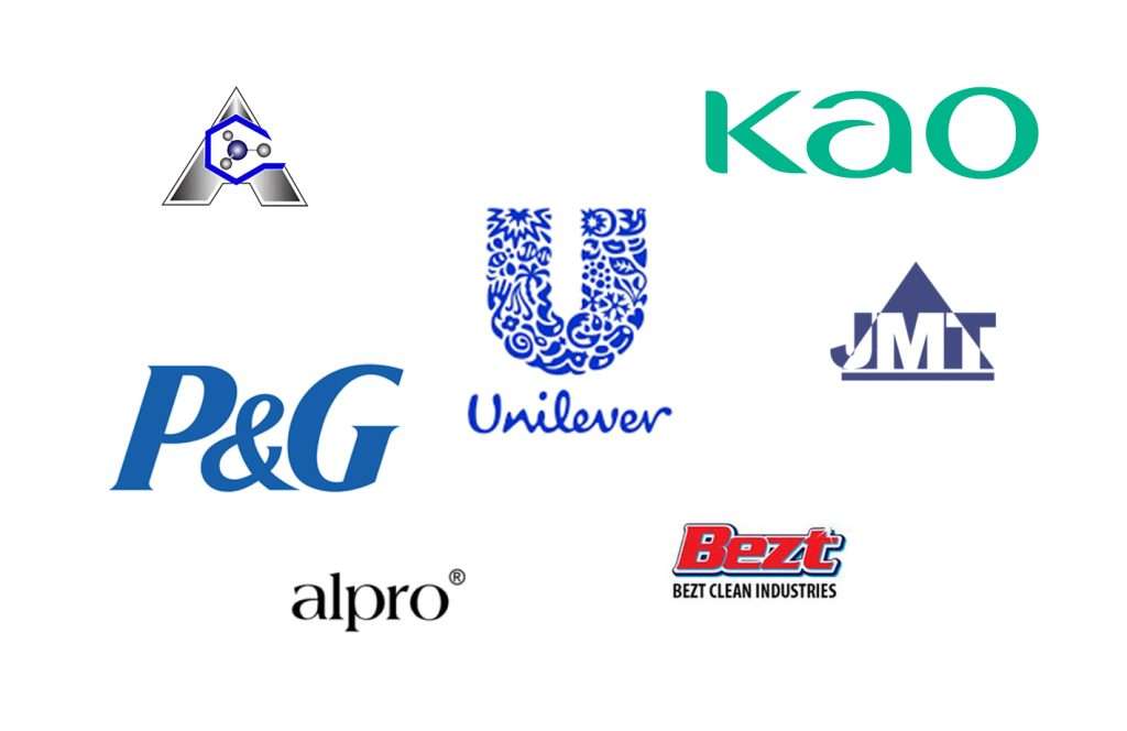 A collection of logos from major cleaning product manufacturers in Malaysia, including P&G, Unilever, Kao, Alpro, JMT, Bezt Clean Industries, and others, showcasing prominent brands in the cleaning industry.