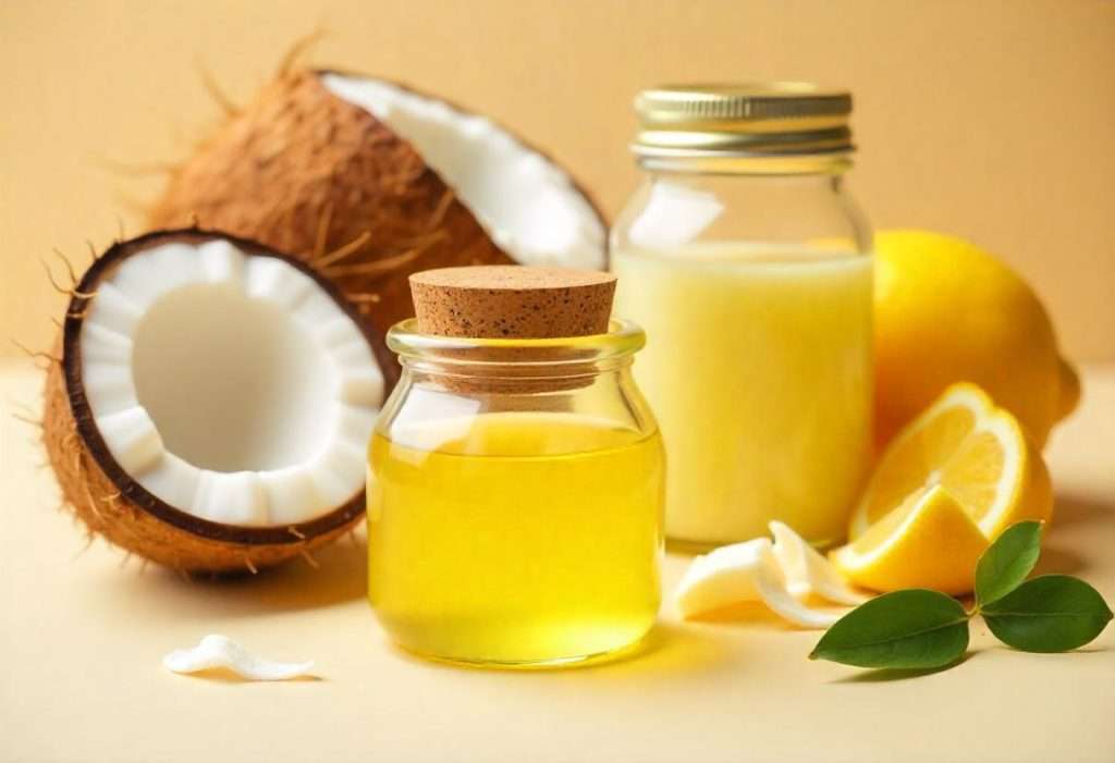 A composition showcasing natural ingredients for eco-friendly products, including fresh coconut halves, a jar of coconut oil, lemon essential oil, and sliced lemons with green leaves on a light yellow background.