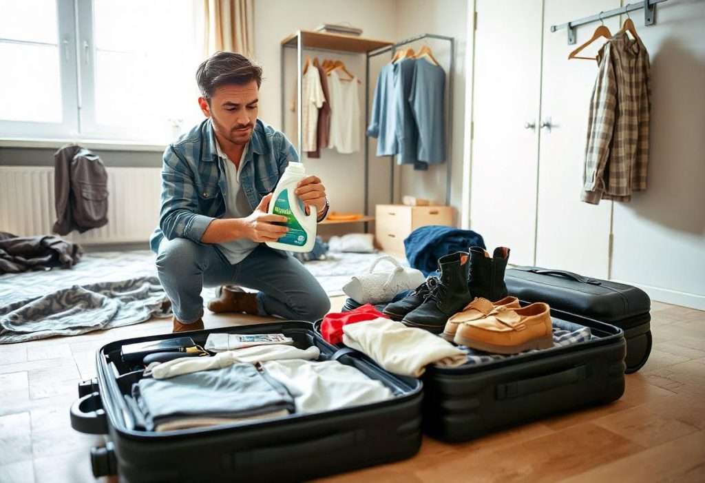 A man packing for a trip, kneeling beside an open suitcase filled with clothes and travel essentials, holding a bottle of laundry detergent with a thoughtful expression, unsure how to fit it into his luggage.