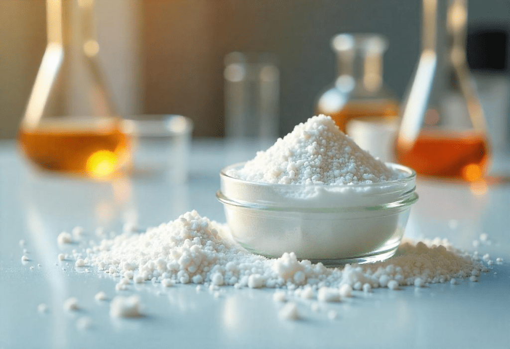 A close-up of white phosphate powder in a glass bowl, with scattered granules on the table and blurred laboratory flasks containing orange liquid in the background.