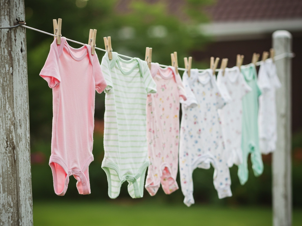 Baby clothes hanging on a clothesline outdoors, showcasing various soft colors and patterns. This image represents the delicate nature of baby garments, emphasizing the importance of using specialized detergents for infants.