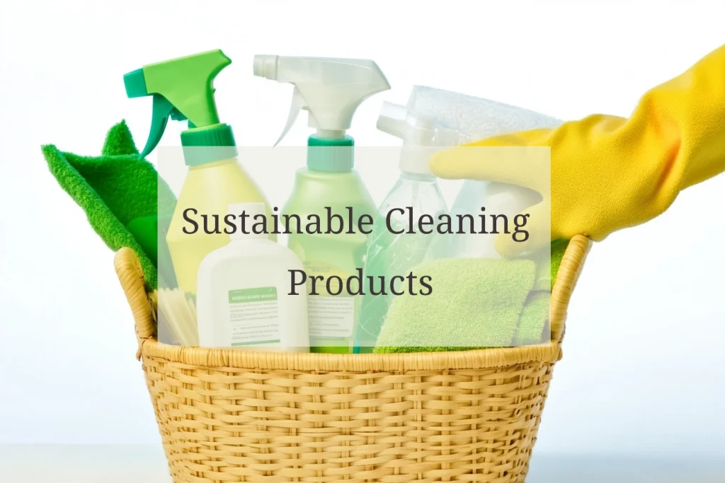A basket filled with eco-friendly cleaning products, including green cleaning sprays and cloths, highlighting sustainable options for a cleaner, greener environment.
