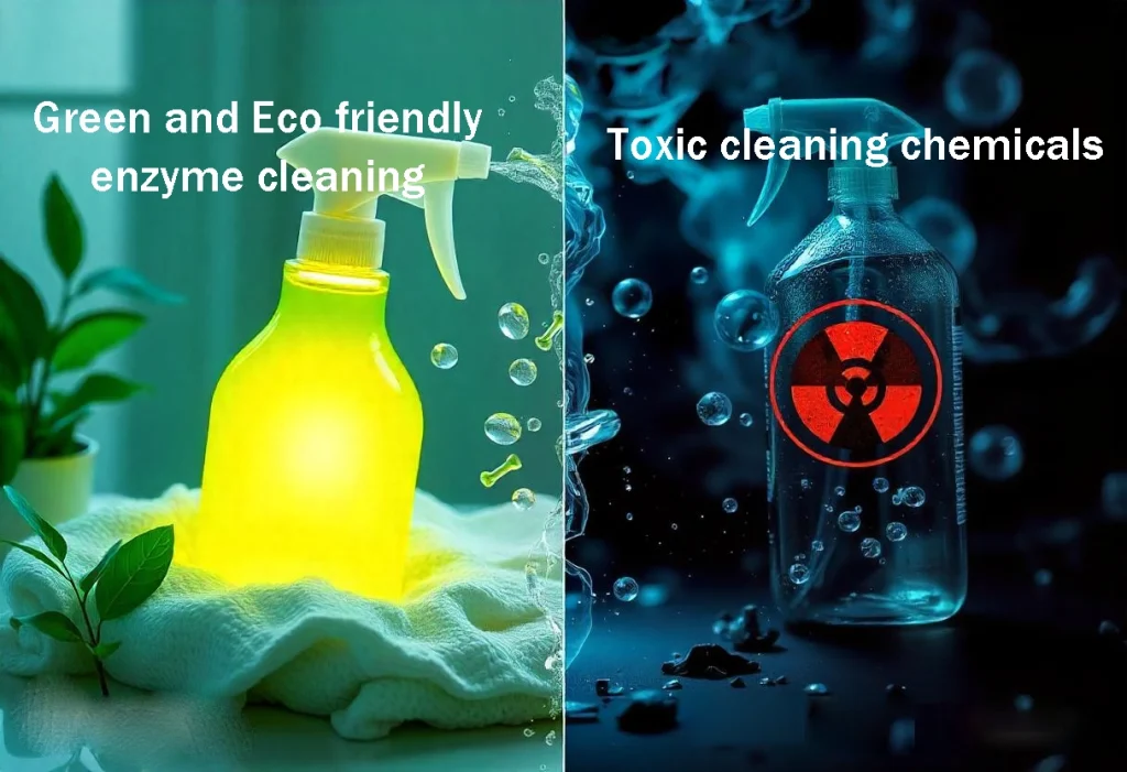 A split image comparing eco-friendly enzyme cleaning products in a green, soothing environment on the left with toxic cleaning chemicals, symbolized by a hazardous symbol and dark, harmful effects on the right.