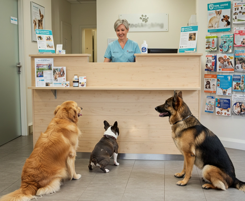 Three dogs sitting in front of the reception desk at a veterinary clinic, attentively waiting. A smiling receptionist stands behind the counter, highlighting the importance of maintaining a clean and safe environment for pets in veterinary facilities.