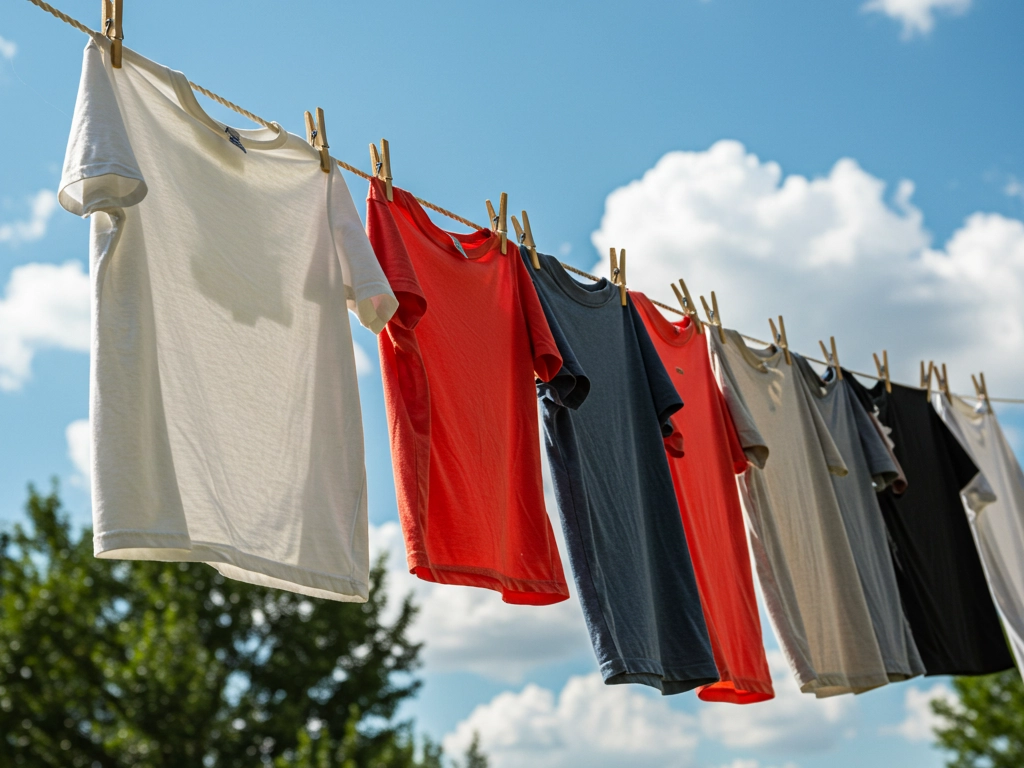 Freshly washed T-shirts hanging on a clothesline under a bright blue sky, symbolizing the effectiveness of scent-free detergents in delivering a clean, fragrance-free laundry experience. Ideal for businesses seeking hypoallergenic and eco-friendly cleaning solutions.