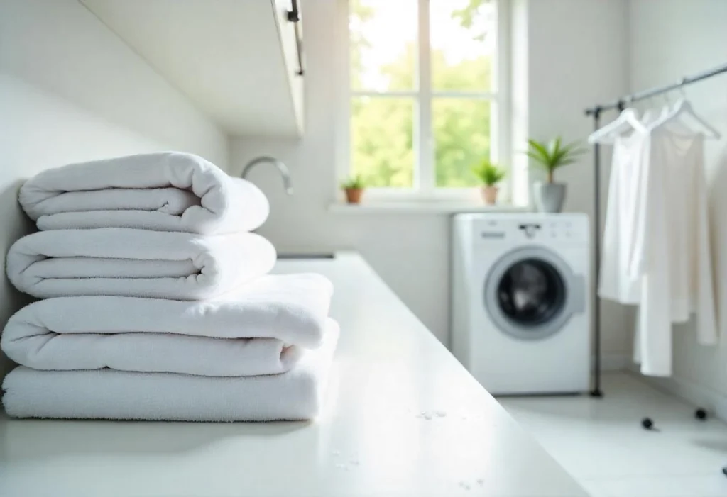 A bright and modern laundry room with neatly folded white towels on a clean countertop, a washing machine in the background, and clothes hanging to dry, symbolizing the effectiveness of eco-friendly laundry detergents such as soap bars, powders, sheets, and strips.