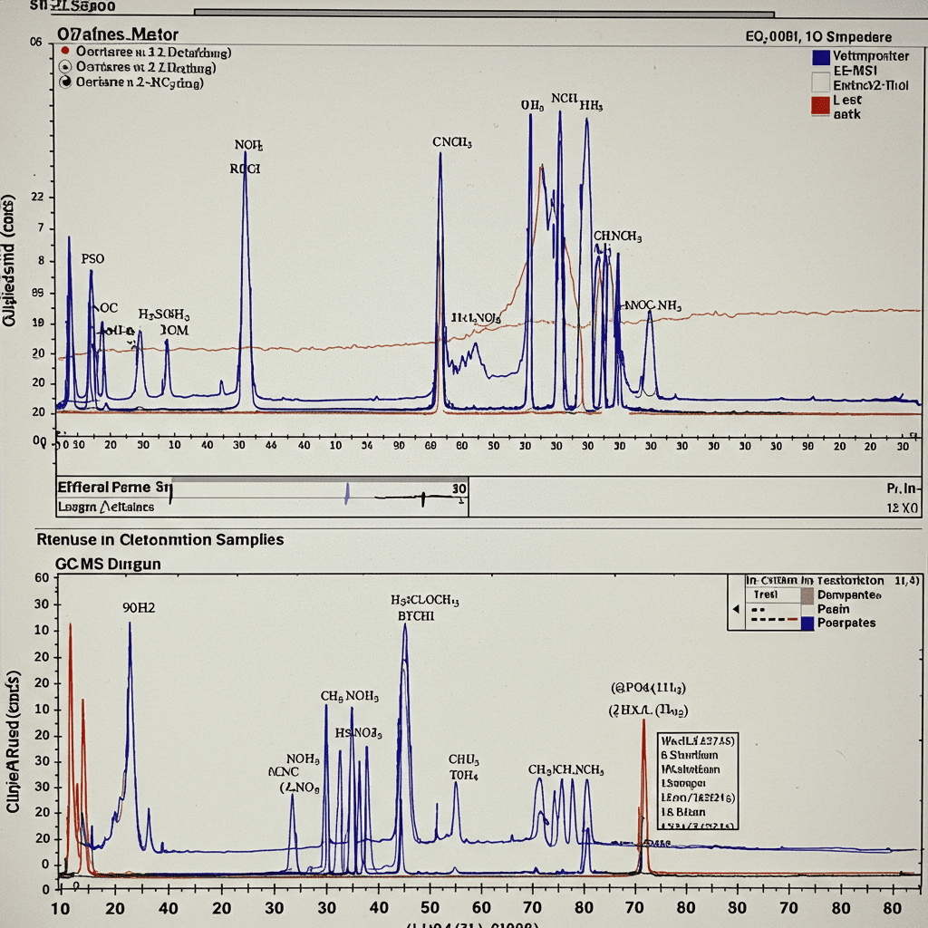 A close-up of a GC-MS (Gas Chromatography-Mass Spectrometry) test showing the chemical analysis results for detergent samples, highlighting various compounds and substances detected in the detergent. This image represents the importance of detailed chemical testing in evaluating detergent safety.