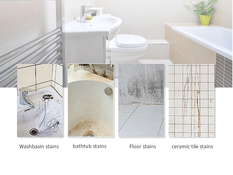 A visual guide showcasing the cleaning applications of Bathroom Cleaning Sheets, targeting common problem areas such as washbasin stains, bathtub grime, floor mold, and ceramic tile residue. Designed for professional and residential use, these eco-friendly sheets provide a powerful, non-toxic solution for maintaining hygiene and surface integrity.