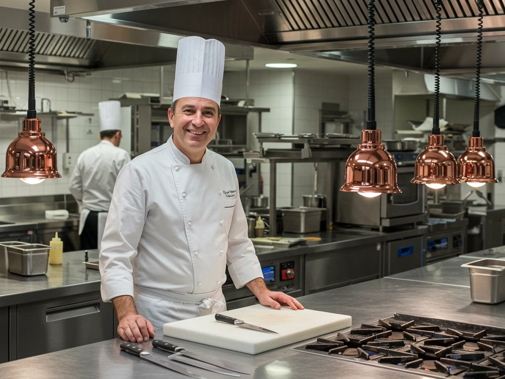 A professional chef in a meticulously clean Michelin-star restaurant kitchen, standing behind a sanitized workstation with knives neatly arranged. The spotless stainless steel surfaces and organized equipment highlight the high hygiene and cleanliness standards essential for top-tier culinary establishments.