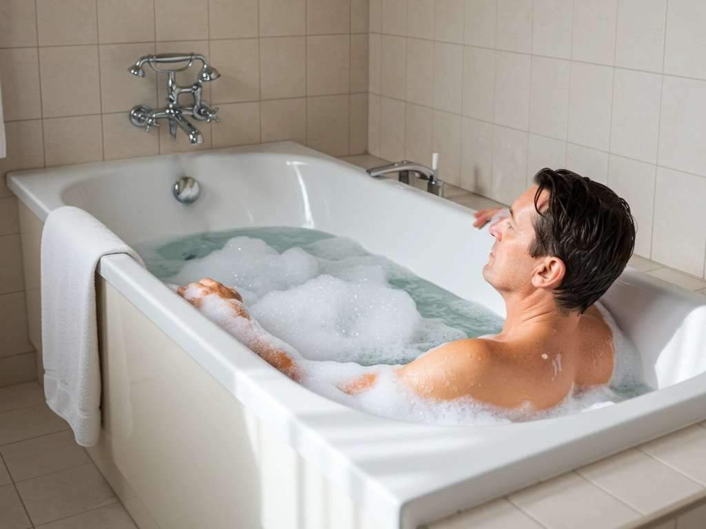 A man relaxing in a spotless, foam-filled bathtub in a well-maintained bathroom, highlighting the importance of effective and non-toxic cleaning solutions. As consumer expectations for hygiene and eco-friendly products rise, businesses in hospitality and homecare are turning to natural tub cleaners to ensure safety, cleanliness, and sustainability.