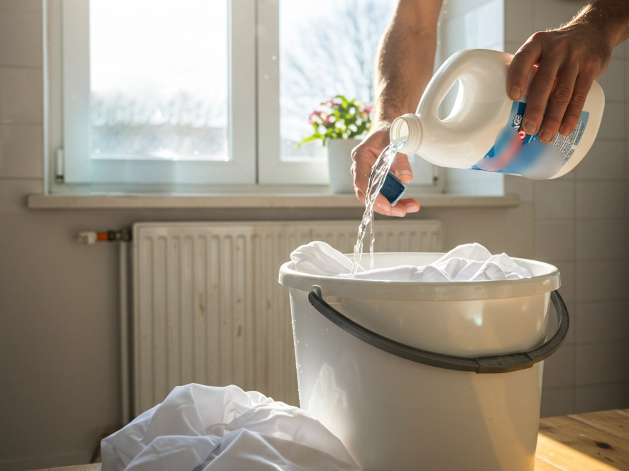 A person pouring liquid bleach into a bucket of white laundry, emphasizing the importance of proper chemical handling in professional cleaning environments. For laundries, hotels, and industrial cleaning businesses, understanding safe bleach and detergent mixing protocols is essential to prevent fabric damage, chemical reactions, and workplace hazards.