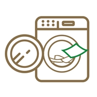 A brown washing machine icon with an open door, showing clothes inside and a green sheet being added.