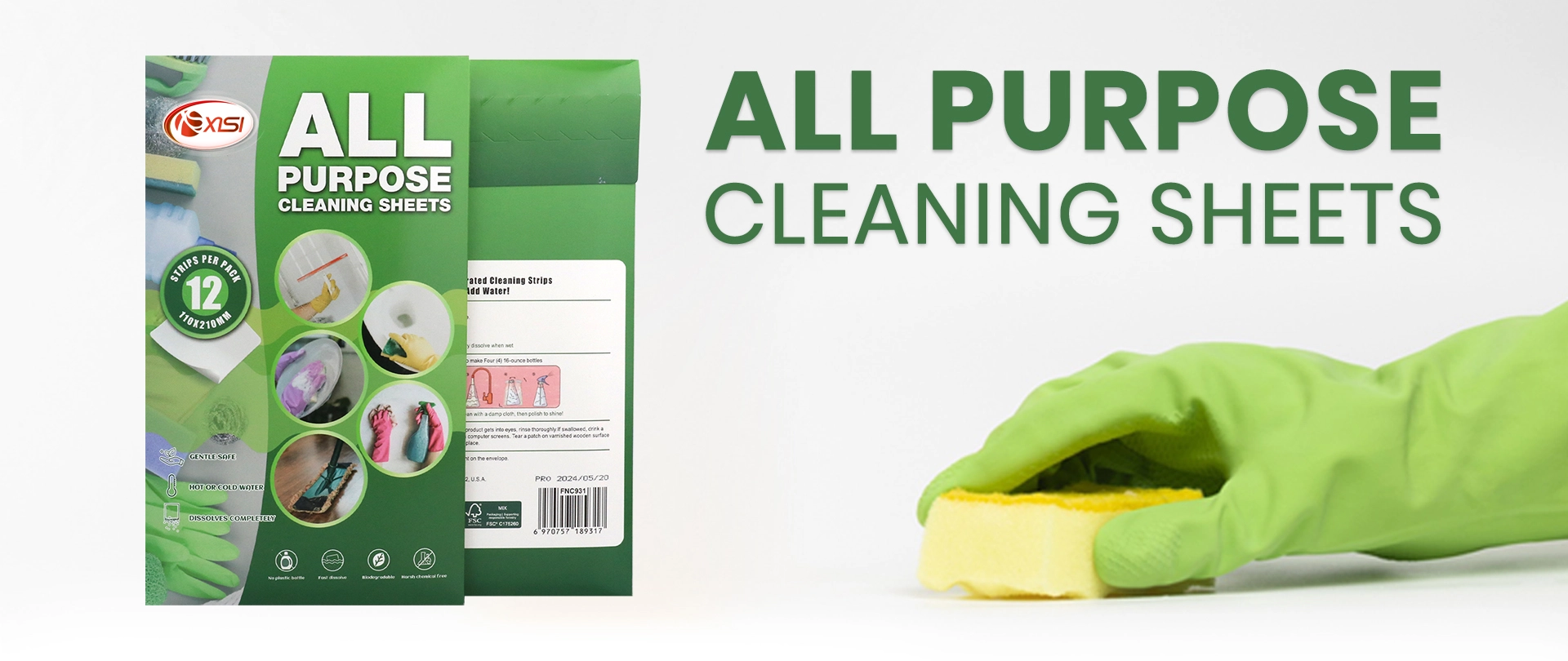 A pack of all-purpose cleaning sheets with a green and white design, showcasing its multi-functional use. A gloved hand holding a sponge emphasizes its cleaning capabilities.