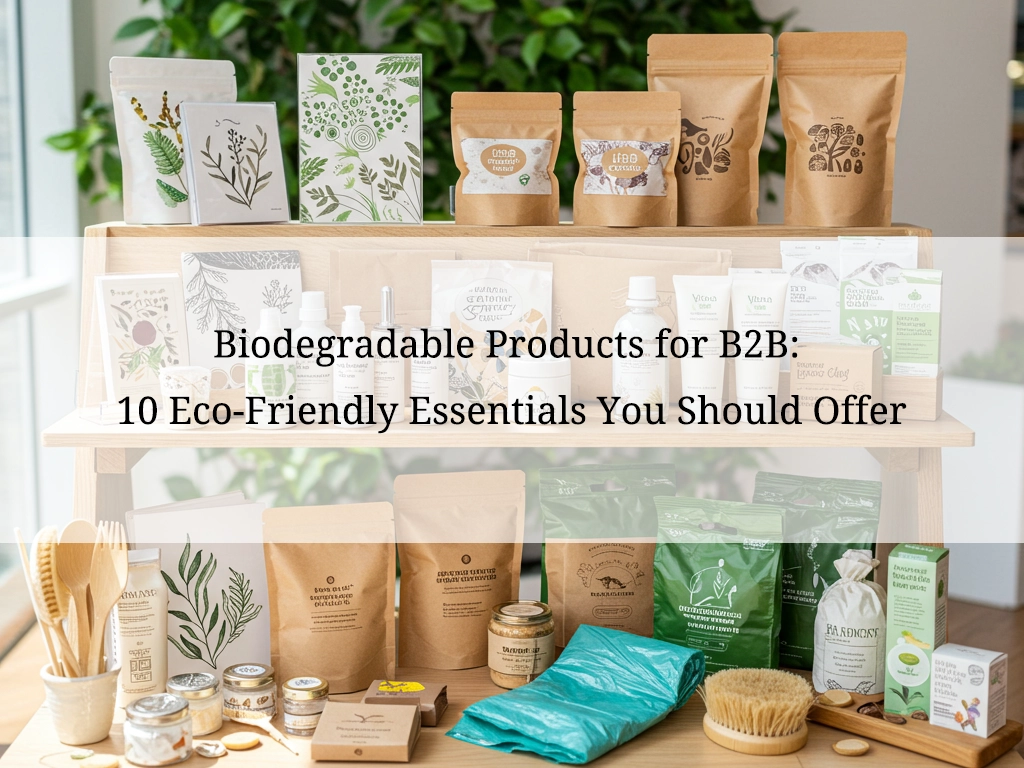 A wooden display showcasing a variety of biodegradable products, including compostable packaging, sustainable personal care items, and eco-friendly household goods, ideal for B2B businesses.