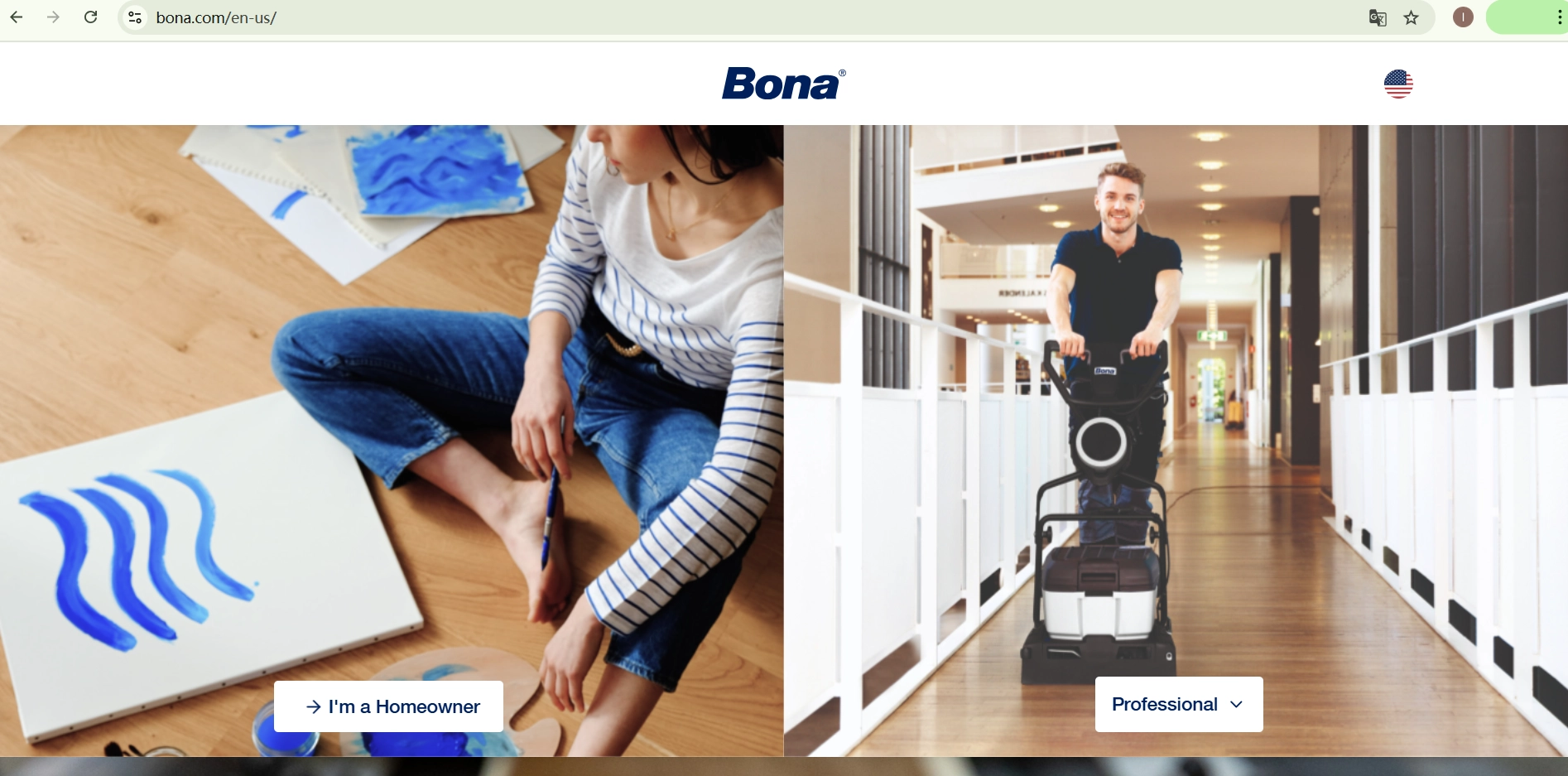 Homepage of Bona, a leading floor care brand, featuring a split image of a woman painting on a laminate floor and a professional using a Bona floor cleaning machine.