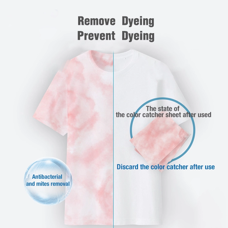 A comparison image of a white T-shirt, showing the effects of dye transfer prevention using a colour catcher sheet. The left side is stained pink, while the right side remains white with the used colour catcher sheet absorbing the excess dye.