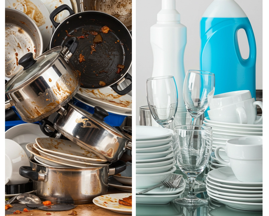 Side-by-side comparison of dirty cookware and spotless dishes with detergent bottles, representing commercial-grade dishwashing results