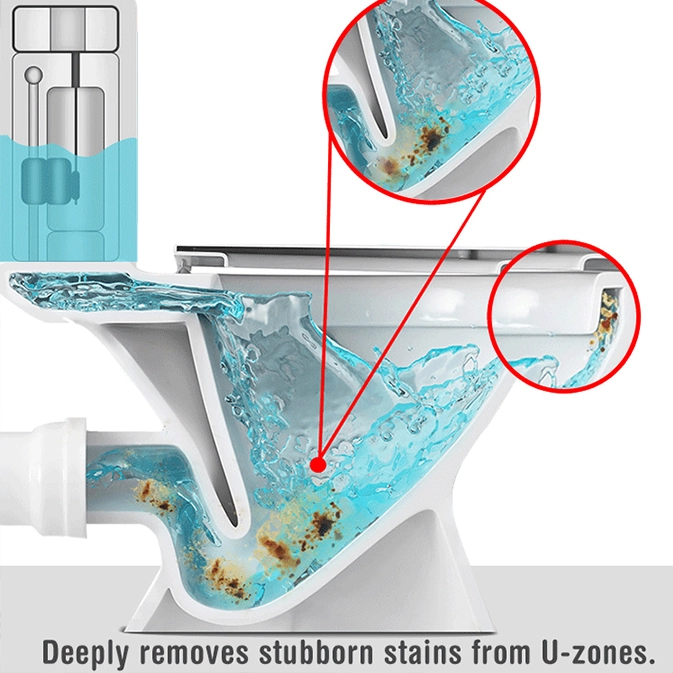 A cutaway view of a toilet showing blue cleaning solution flowing through pipes, breaking down stubborn stains and buildup in the U-bend.