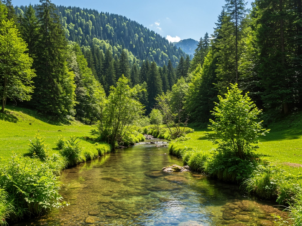 A crystal-clear stream flowing through a lush green forest with towering trees and distant mountains under a bright blue sky.