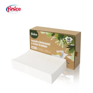 Finice 4-in-1 Laundry Detergent & Color Grabber in eco-friendly packaging, featuring a biodegradable design. A stack of detergent sheets is displayed in front of the box, which offers 50 loads of washing power.