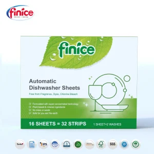 Finice Automatic Dishwasher Sheets packaging featuring a green and white design, highlighting its fragrance-free, dye-free, and chlorine bleach-free formula. The product is plant-based, super-concentrated, and eco-friendly.