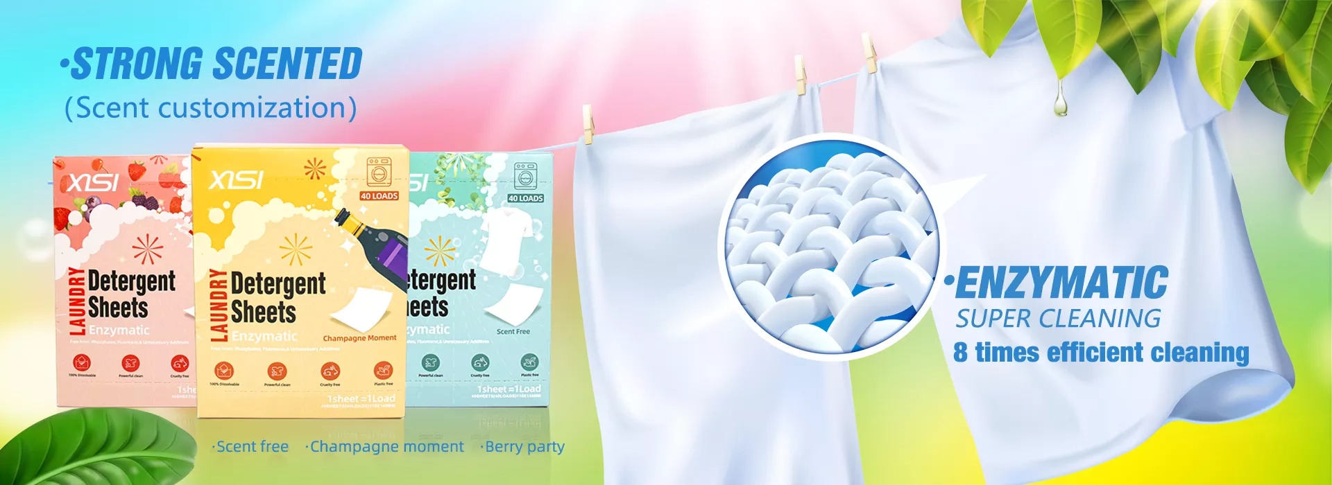 Three boxes of Finice Laundry Detergent Sheets in different scents—Berry Party, Champagne Moment, and Scent-Free—displayed alongside fresh white clothes hanging on a line, emphasizing enzymatic super cleaning power