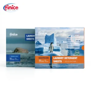 Finice solid enzyme laundry detergent sheets in Verbena and Eucalyptus scents, featuring 50-sheet eco packs with glacier and arctic wildlife imagery.