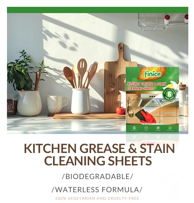 Finice kitchen grease and stain cleaning sheets with lemon scent shown in a modern, sunlit kitchen with utensils and cutting boards.