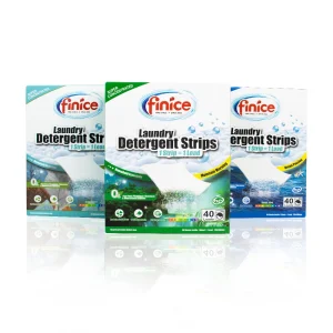 Three boxes of Finice Laundry Detergent Strips in different scents—Mountain Morning, Ocean Passion, and a household essentials variant—offering a super-concentrated, eco-friendly laundry solution.