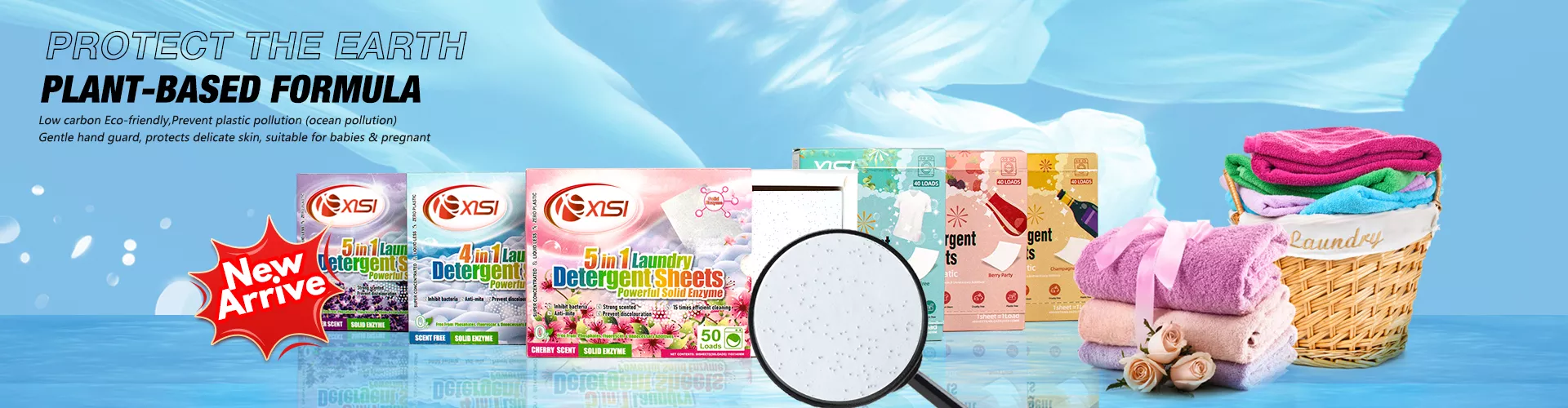 finice 4-in-1 and 5-in-1 Laundry Detergent Sheets with plant-based formulas and solid enzyme technology, displayed alongside fresh, neatly folded laundry in a basket. Caption: Protect the Earth with XISI plant-based laundry detergent sheets – eco-friendly, powerful, and gentle for all fabrics.