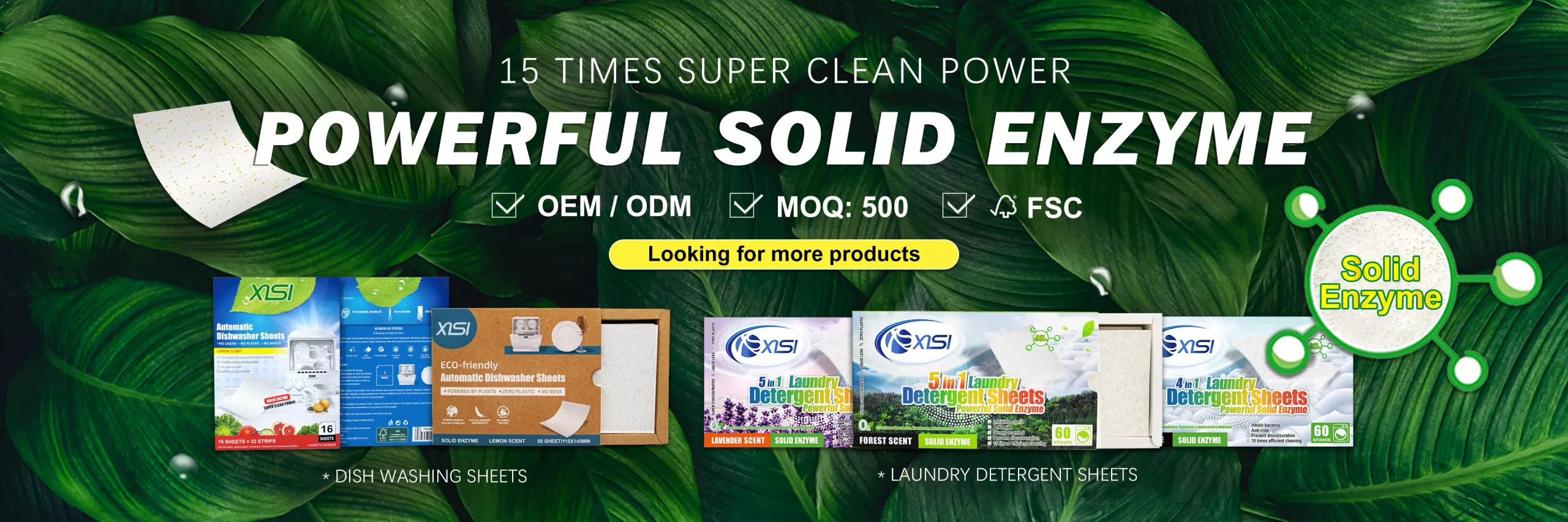Finice promotional banner showcasing solid enzyme technology for laundry and dishwashing sheets. The image highlights eco-friendly detergent sheets with powerful stain removal and deep cleaning capabilities.