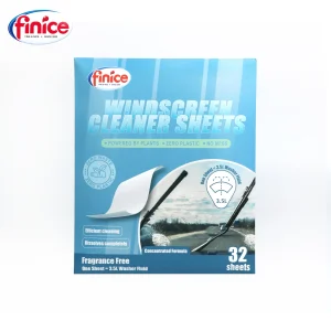 A pack of Finice windscreen cleaner sheets designed to remove oil stains, bug splatter, and dust from car glass, with each sheet dissolving into 3.5L of washer fluid.