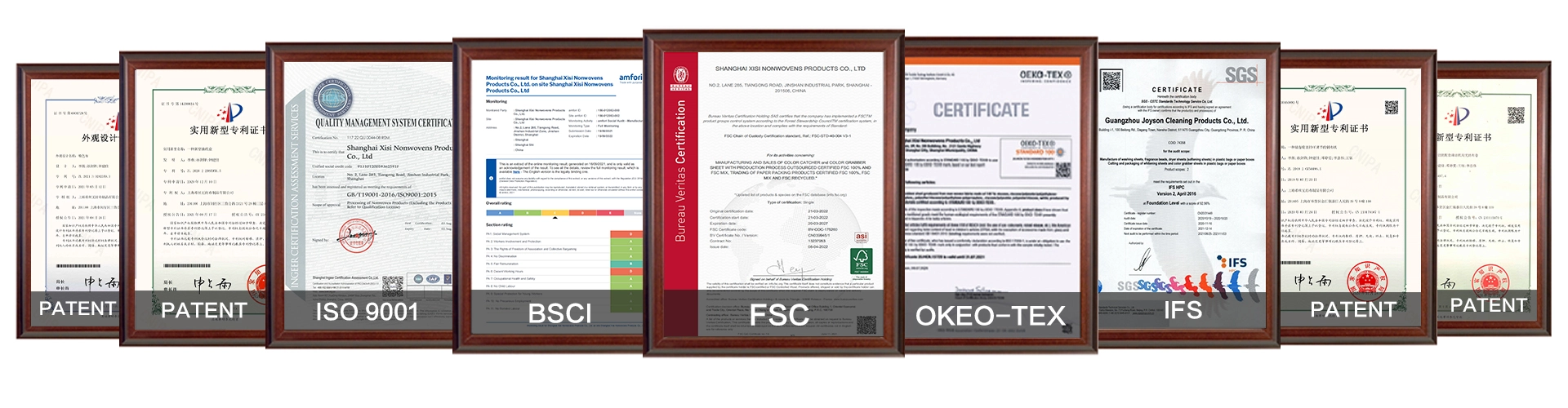 A collection of framed certifications for Finice wool dryer balls, including patents, ISO 9001, BSCI, FSC, OEKO-TEX, and IFS, ensuring quality, safety, and sustainability.