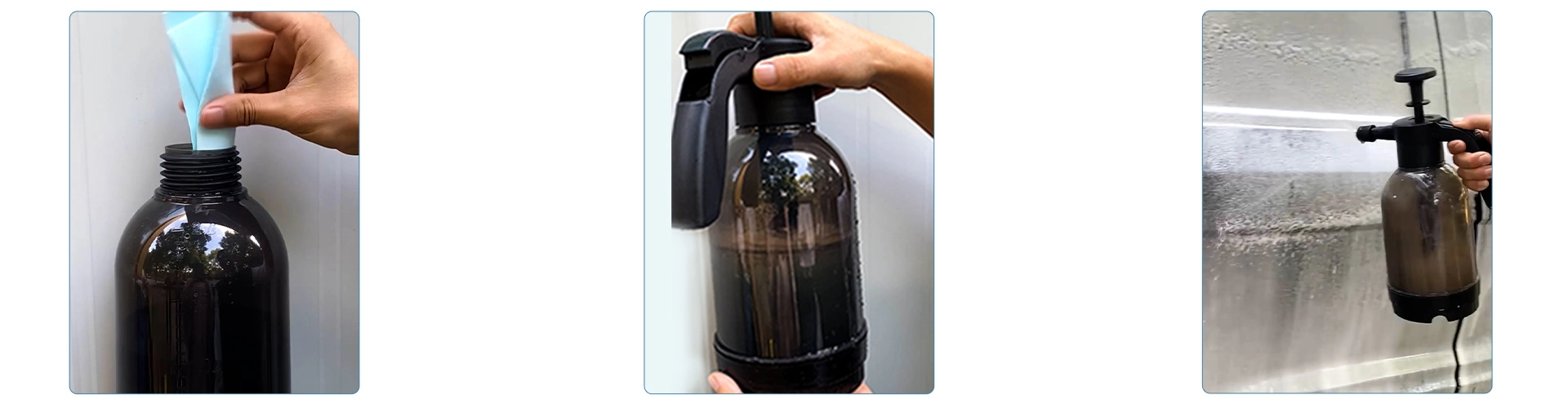 A step-by-step guide to using car wash sheets: inserting a sheet into a spray bottle, shaking the bottle to dissolve the sheet, and spraying the solution onto a car for cleaning.