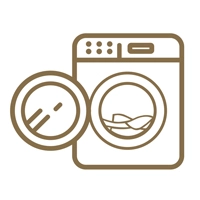 A brown washing machine icon with an open door, showing clothes inside.